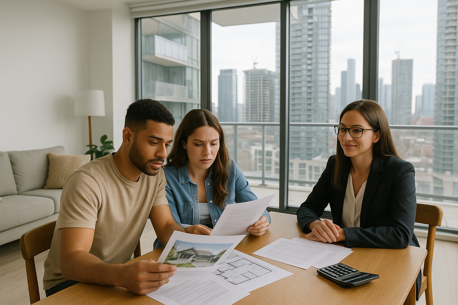 Condo buyers reviewing property documents and financing details with real estate professionals