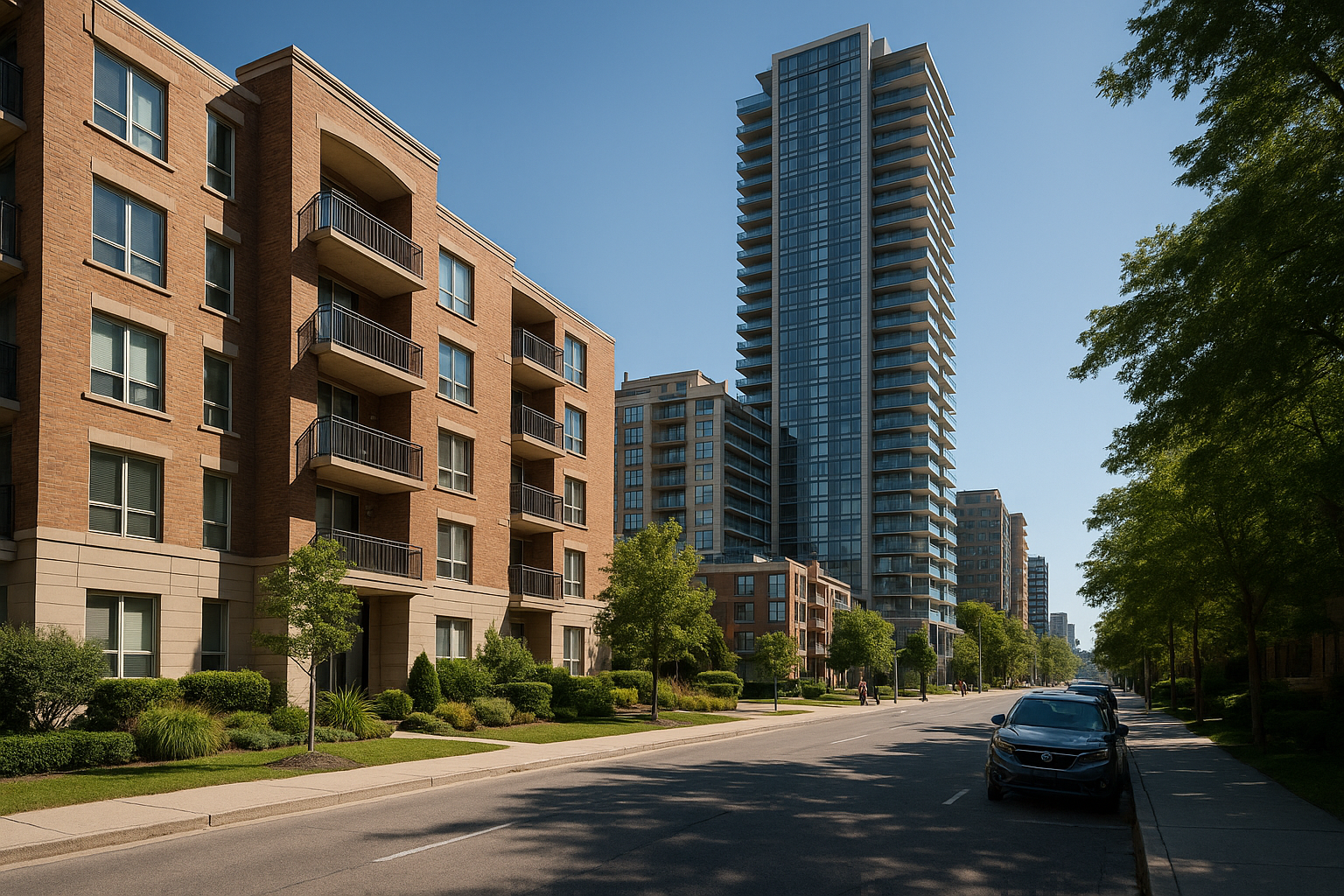 Established and newer condominium buildings on a Toronto streetscape