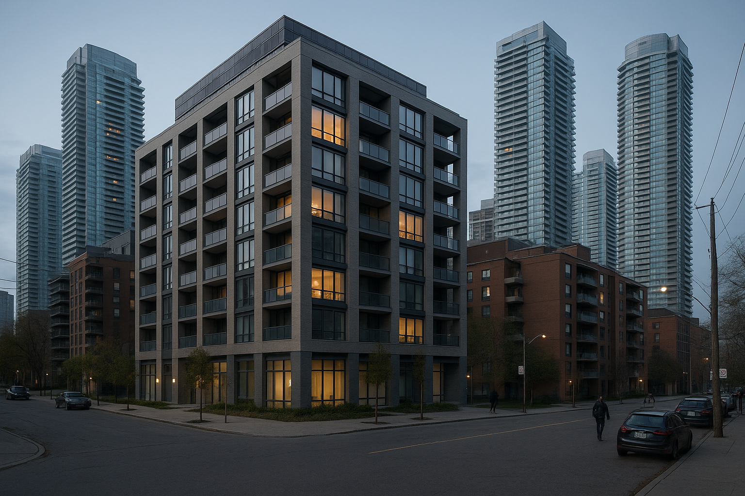 Toronto condominium buildings along a dense urban streetscape