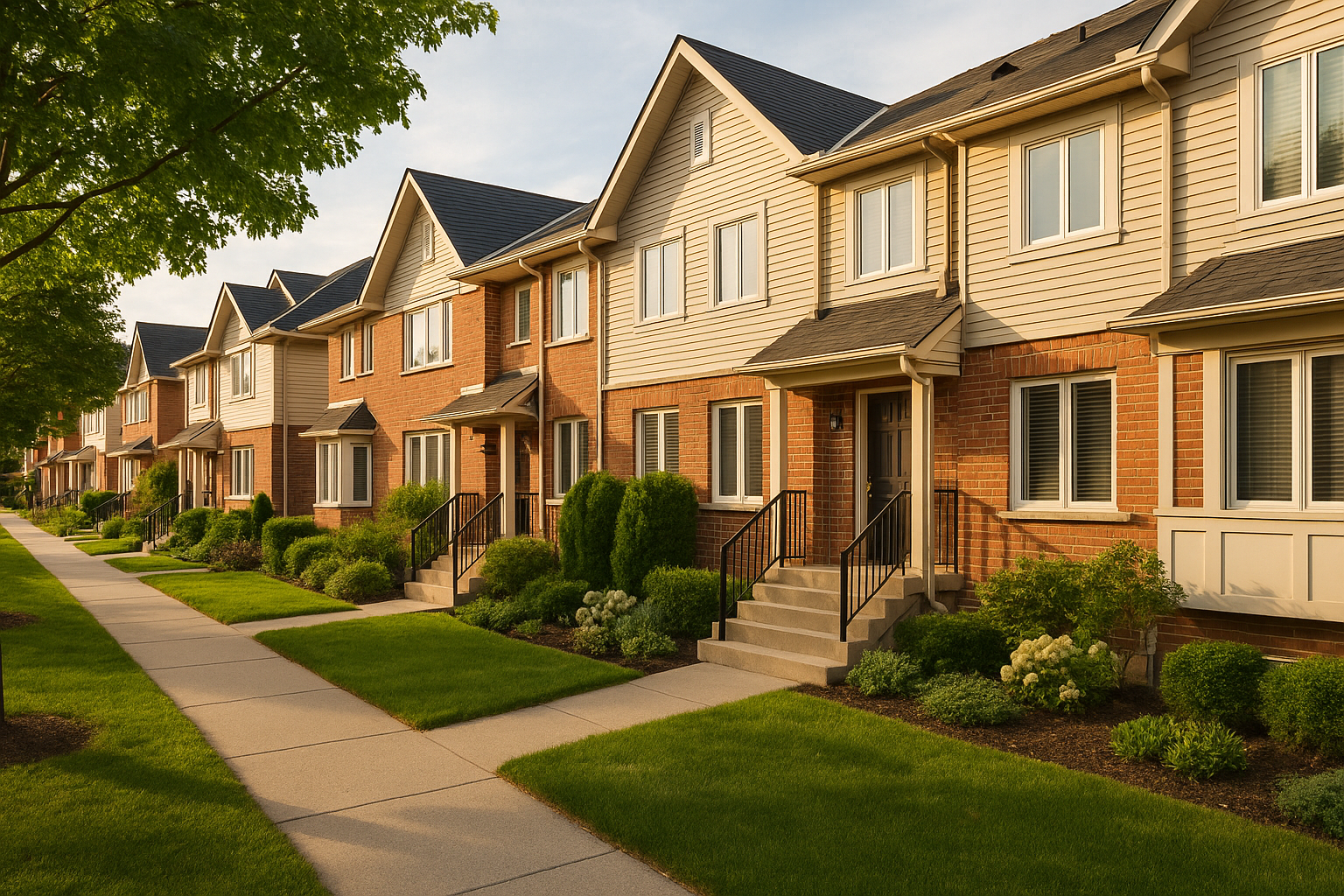 A well-maintained condominium townhouse community with shared landscaping in the GTA