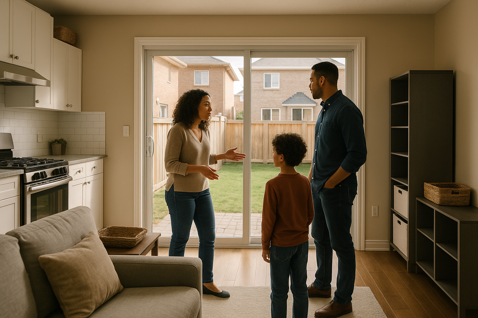 A family assessing the living space and backyard of a GTA detached home