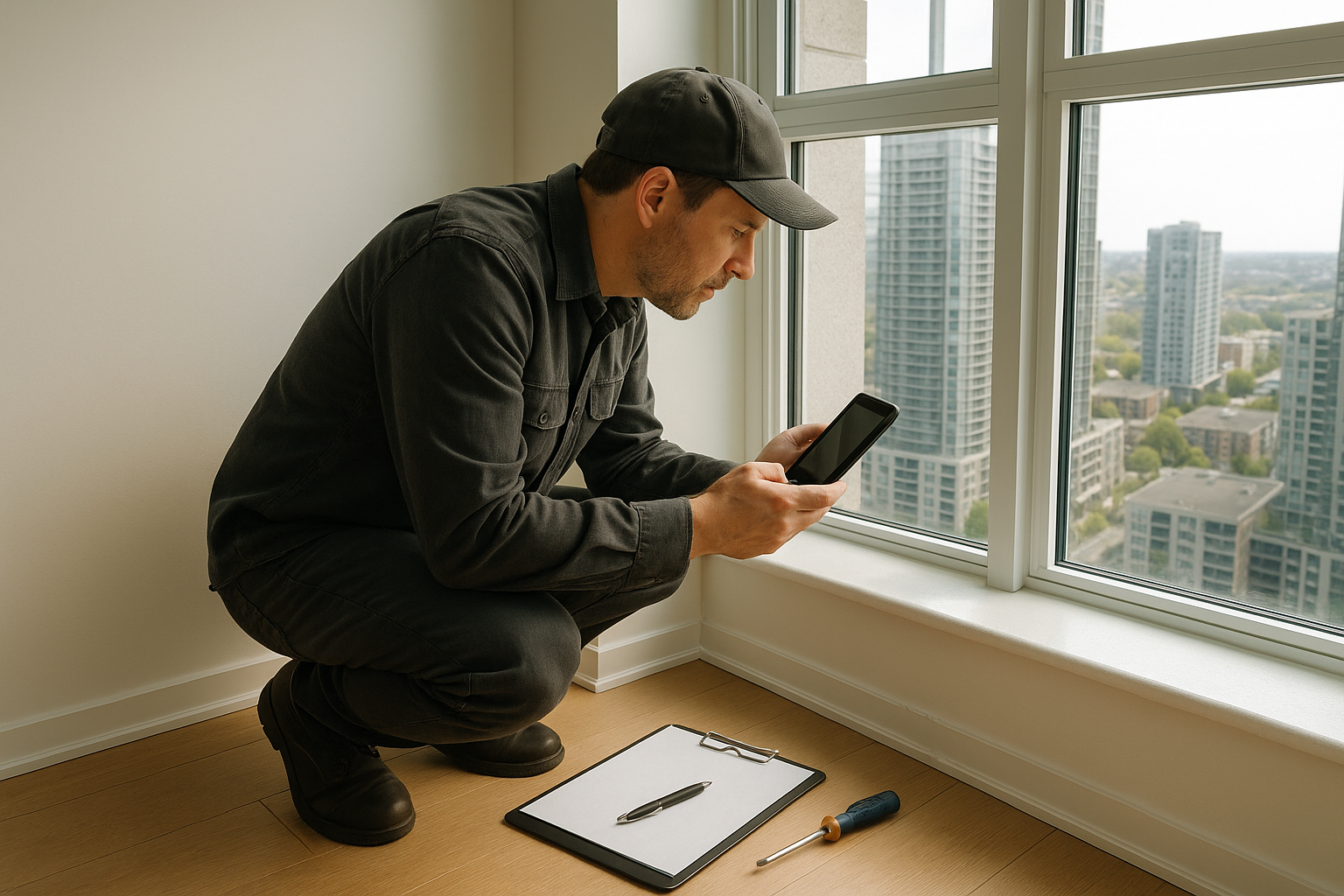 A buyer documents a deficiency during a warranty inspection in a new Ontario condo