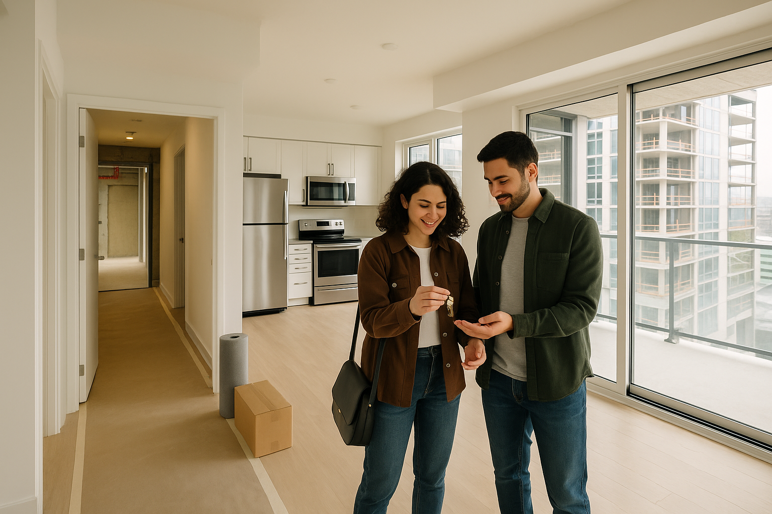 New condo residents inspect a suite while construction continues elsewhere in the building