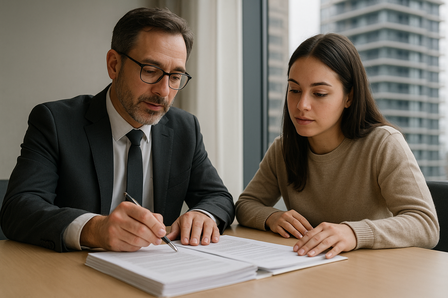 An Ontario condominium lawyer reviews a status certificate package with a buyer in a Toronto office.