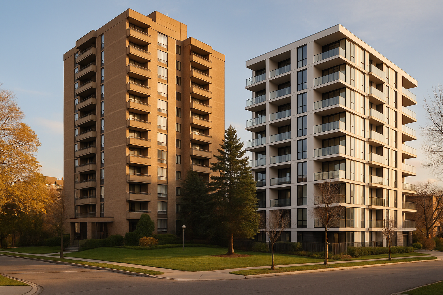Older and newer Toronto condominium buildings illustrate how building age and amenities can affect ongoing ownership costs.